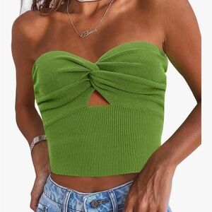 Green Knit Strapless Twist Front Top